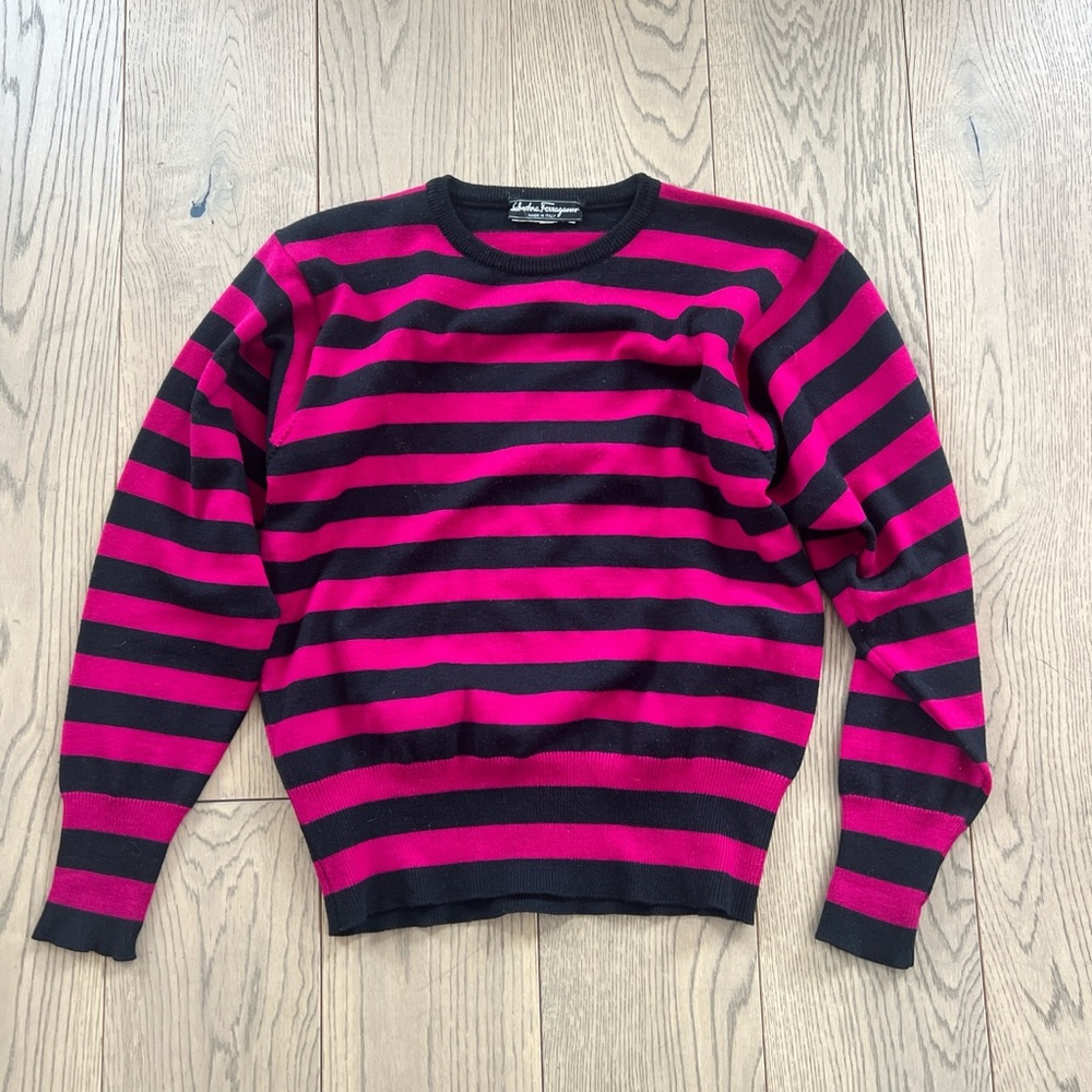 Salvatore Ferragamo Wool Pink and Black Striped Sweater Made in Italy Fit M